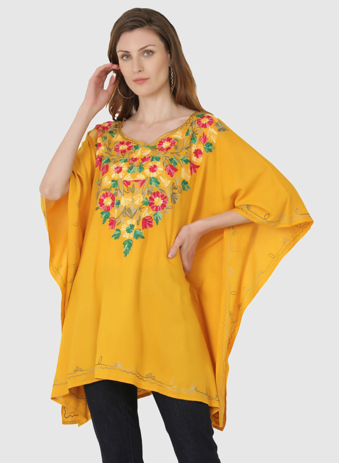 Women Kaftan Top Musturd Casual Regular Fit and Flare Multi color Embroidery Work