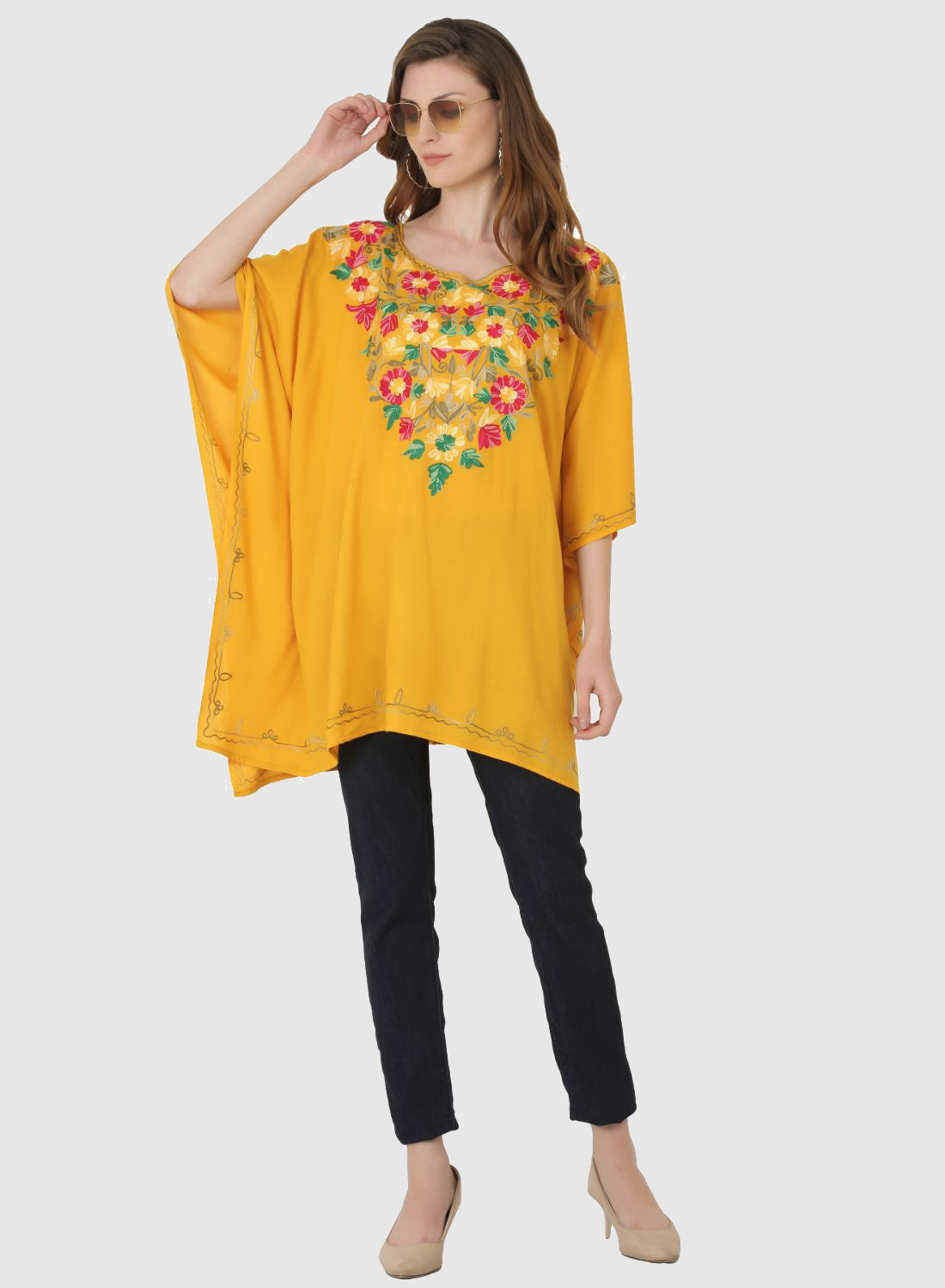 Women Kaftan Top Musturd Casual Regular Fit and Flare Multi color Embroidery Work
