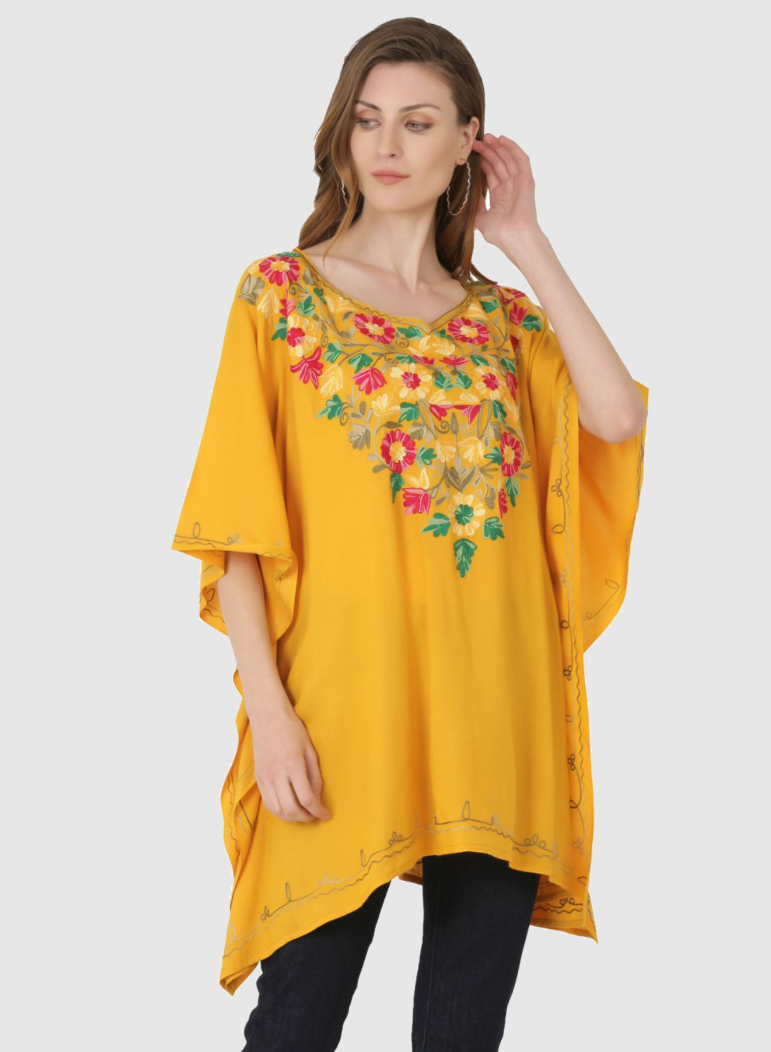 Women Kaftan Top Musturd Casual Regular Fit and Flare Multi color Embroidery Work
