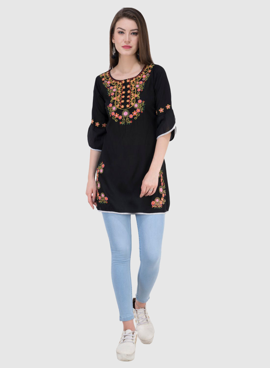 Women Top Black Rayon Tunic Party Wear 3/4 Sleeve