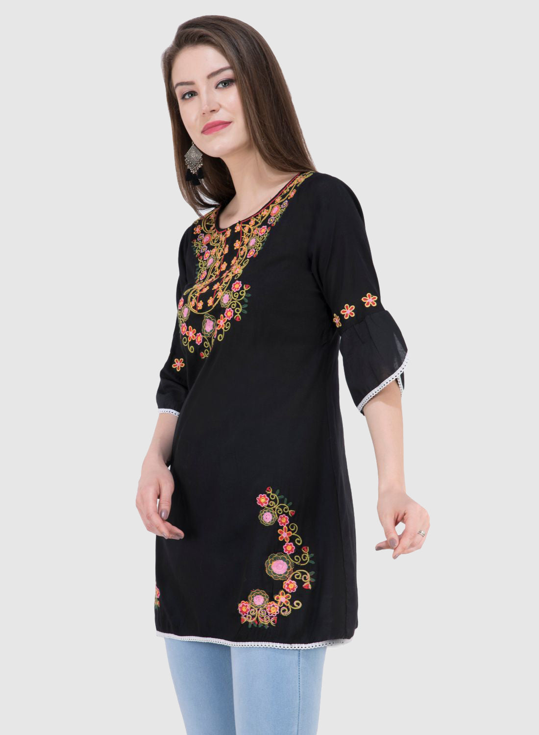 Women Top Black Rayon Tunic Party Wear 3/4 Sleeve