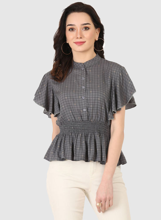 Women Top Grey Fit and Flare Butter Fly Sleeve
