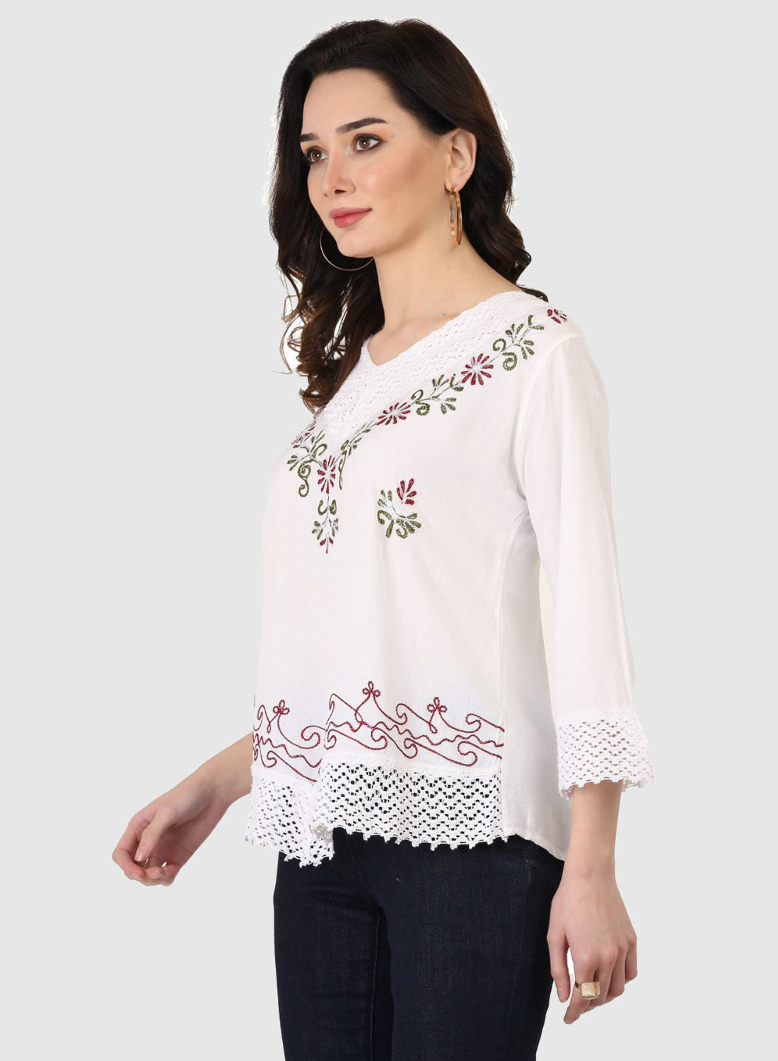 Women Top White Regular Fit 3/4 Sleeve Embroidery Work