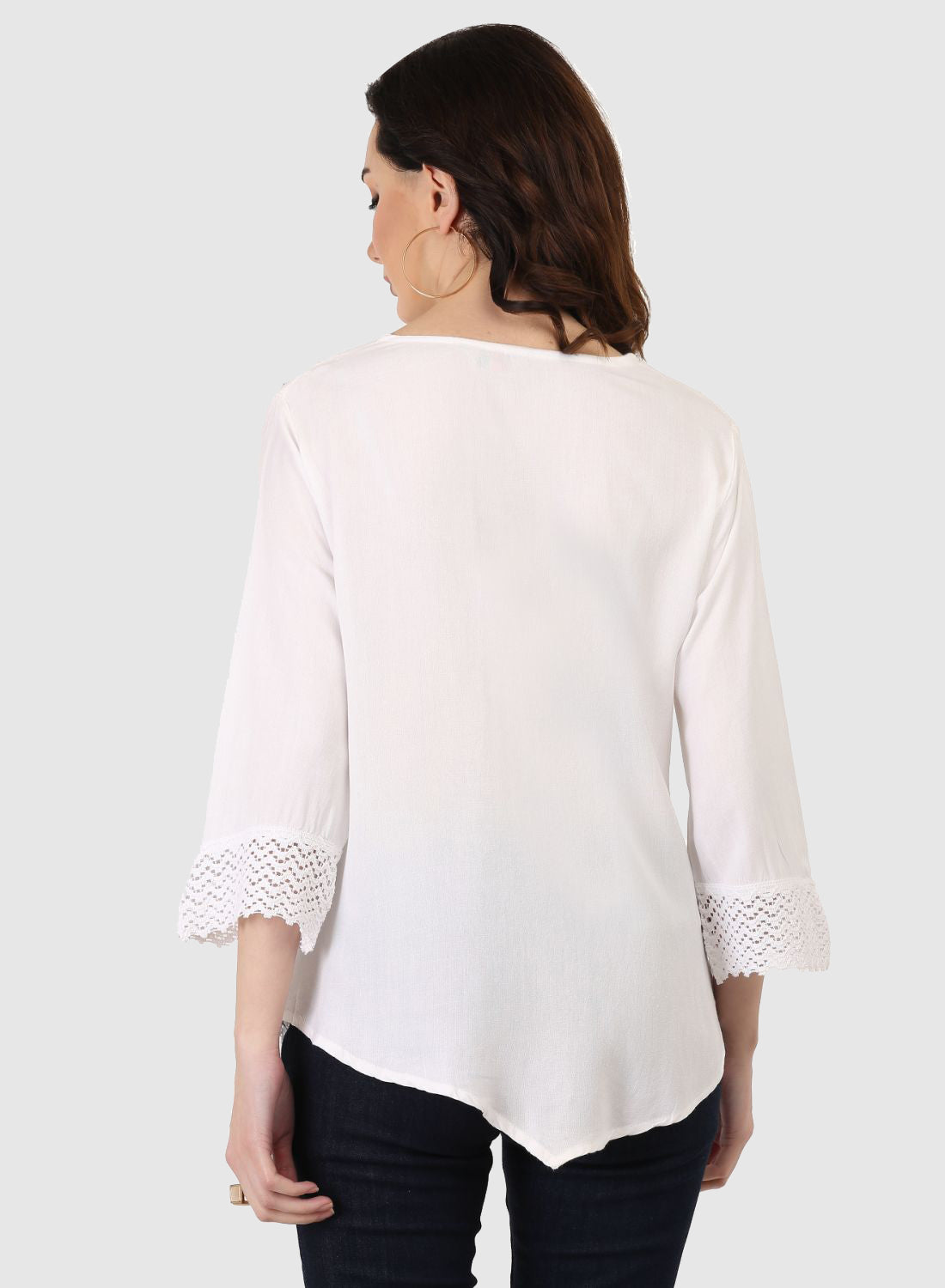 Women Top White Regular Fit 3/4 Sleeve Embroidery Work