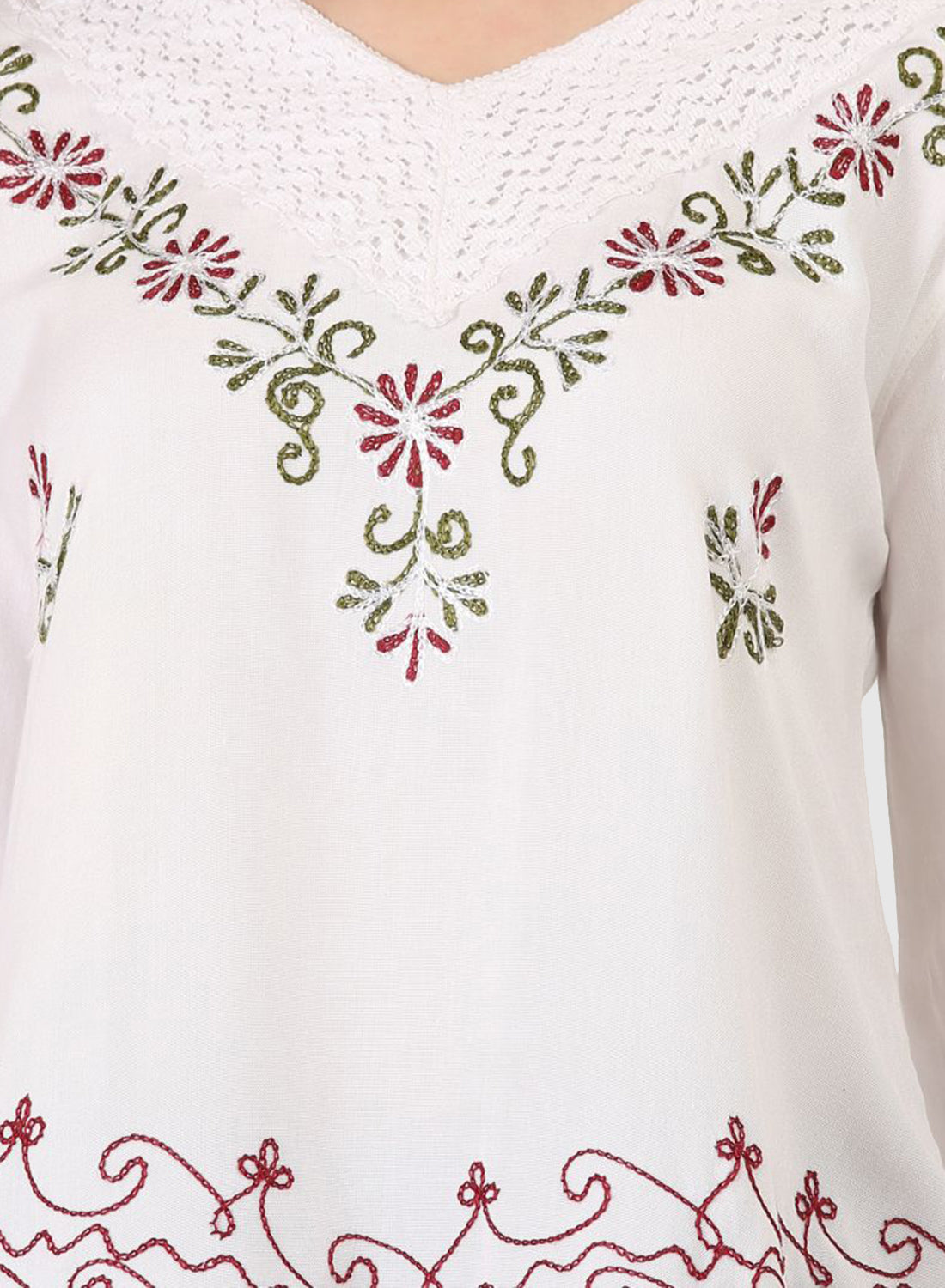 Women Top White Regular Fit 3/4 Sleeve Embroidery Work