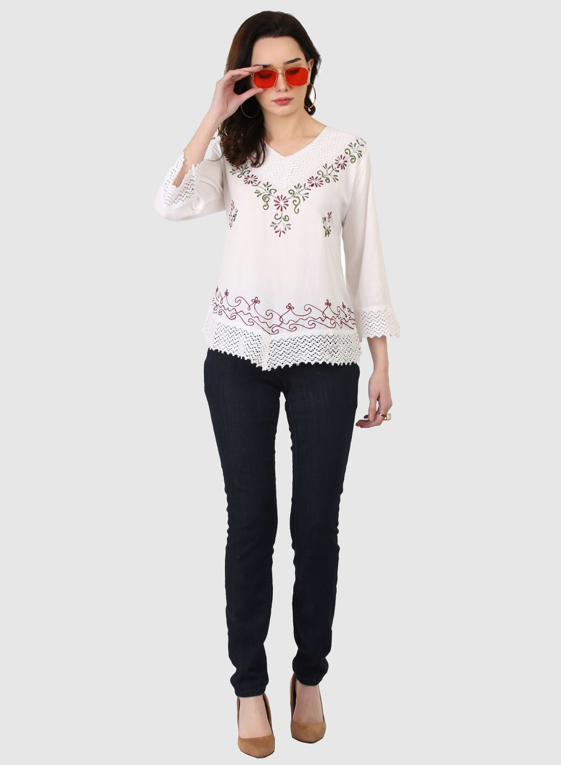 Women Top White Regular Fit 3/4 Sleeve Embroidery Work