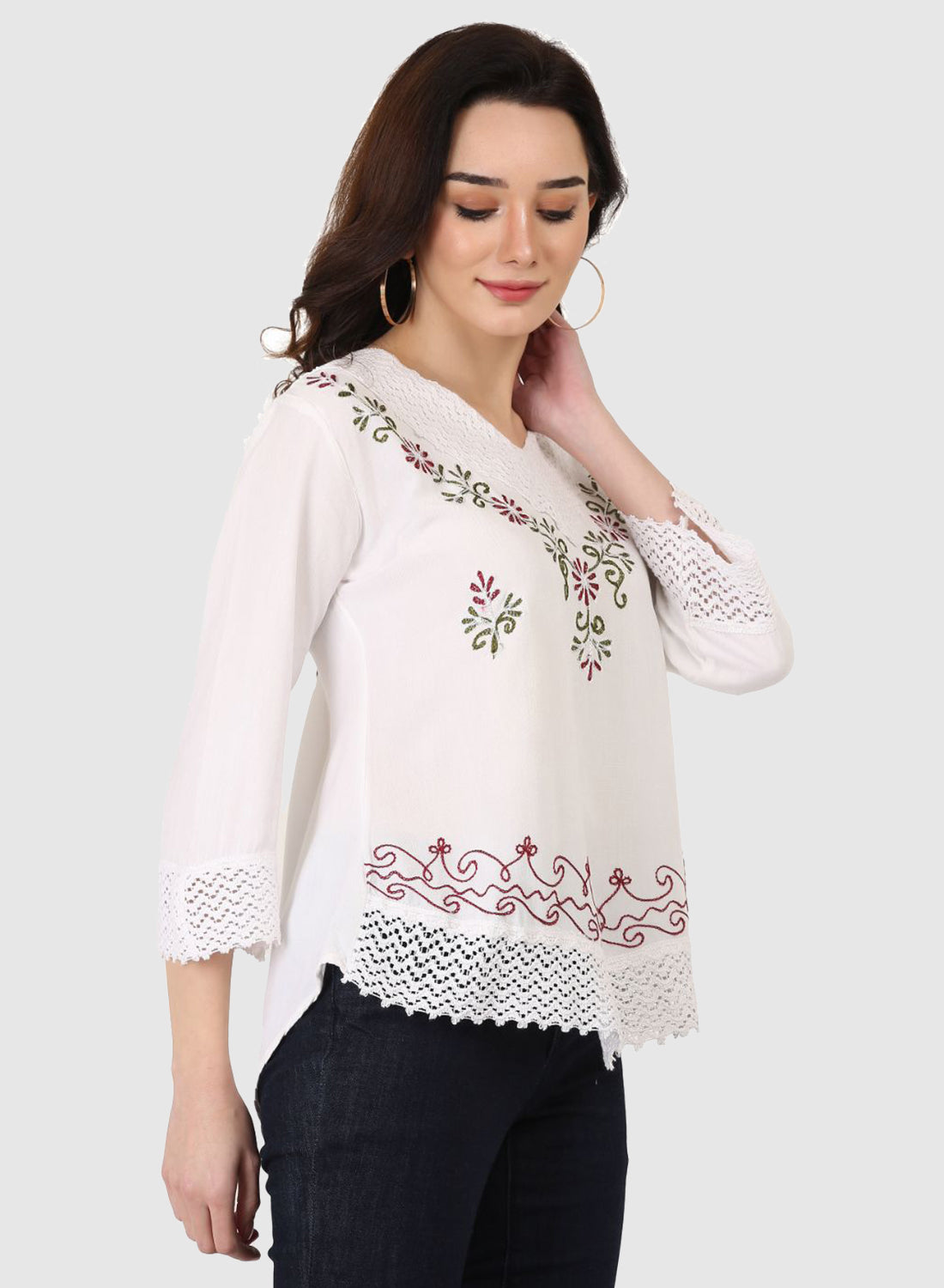 Women Top White Regular Fit 3/4 Sleeve Embroidery Work