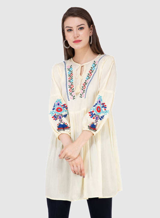 Women Top Lemon Yellow Rayon Tunic Casual Fit and Flare Puff Sleeve
